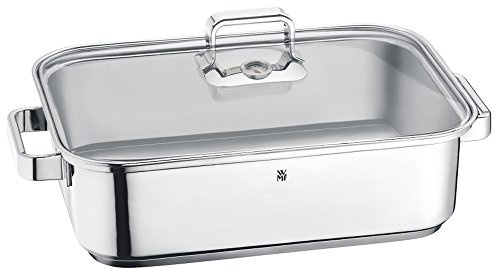 WMF Vitalis Aroma Dampfgarer, Bräter Indutkion, 41x27x10cm, Auflaufform 6,5l mit Glasdeckel, Thermometer, Garblech, Cromargan Edelstahl unbeschichtet
