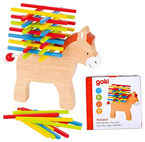 goki 56950 | Stapelspiel Packesel aus Holz | Geschicklichkeitsspiel mit 60 bunten Stäbchen | Balancierspiel für Kinder ab 5 Jahren