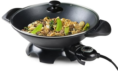 DOMO Elektrischer Wok – 5 L, Glasdeckel, Antihaftbeschichtung, 2200 W