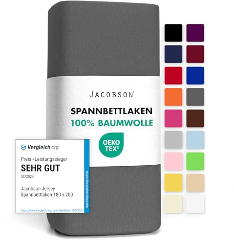 Jacobson Jersey Spannbettlaken Spannbetttuch Baumwolle Bettlaken (90x200-100x200 cm, Anthrazit)