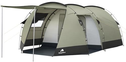 CampFeuer Zelt Super+ für 4 Personen | Olivgrün/Schwarz | XXL Tunnelzelt mit 2 Eingängen & Vordach | 3000 mm Wassersäule | Zelt mit Vorzelt & Bodenplane für Camping, Festivals & Familienausflüge