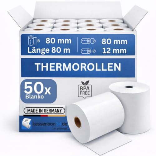 Kassenbon24.de Thermorollen 80x80x12mm – 80m | 50 Stück | Bonrollen BPA-frei für Kassendrucker POS-Drucker Bondrucker | Thermopapier Kassenbonrollen Kassenrollen | Premium Qualität