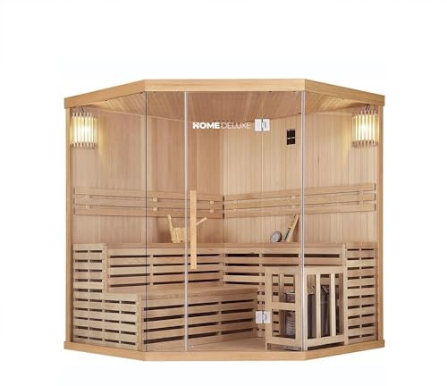 Home Deluxe - Traditionelle Sauna - Skyline XL Big - 200 x 200 x 210 cm - für 2-6 Personen, Hemlocktanne, inkl. Saunaofen, Saunazubehör I Dampfsauna Aufgusssauna Finnische Sauna Bio Sauna