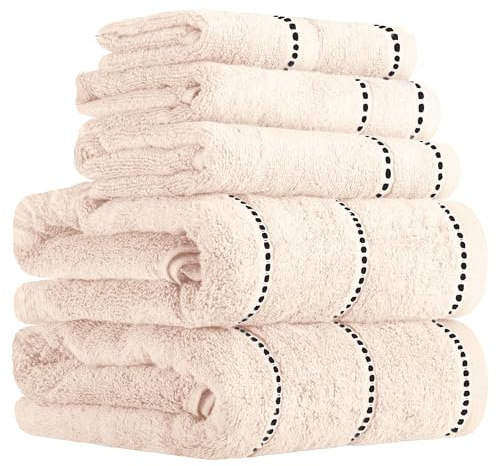 Lavish Home Luxury Cotton Towel Set- Quick Dry, Zero Twist and Soft 6 Piece Set with 2 Bath Towels, 2 Hand Towels and 2 Washcloths by Bone/Black