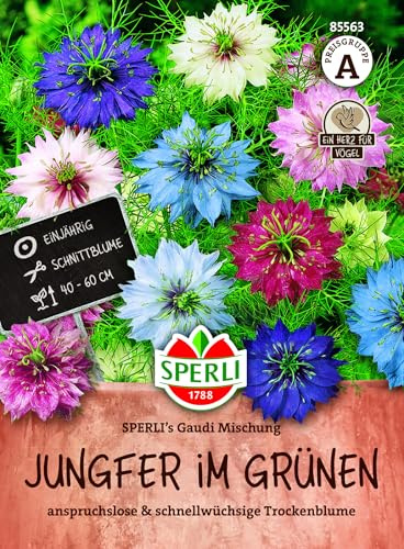 Sperli Jungfer im Grünen Samen SPERLI's Gaudi Mischung 85563 - Blumensamen, mehrfarbige Schnittblume, schnellwachsend, sonniger Standort, einjährig, Schnittblume, Blumenwiese, 40-60 cm, Juni-August