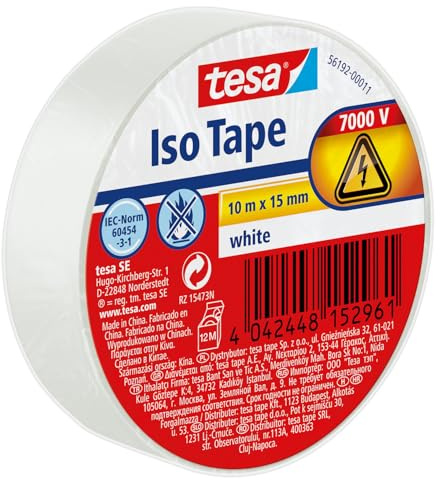 tesa Isolierband - Selbstklebendes Isolierband, hitzebeständig - Zum Isolieren, Reparieren und Bündeln - 10 m - Weiß