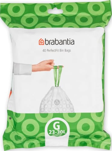 Brabantia Müllbeutel-Spenderpackung, 23-30 Liter, White, 40 Stück | Dicke, robuste Kunststofftasche, Schiebegriffe, einfacher Beutelwechsel, weiß mit grünen Griffen