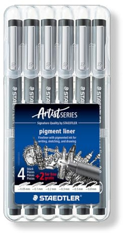 STAEDTLER Fineliner pigment liner, schwarz, Set mit 6 Linienbreiten, Promotion 4 + 2 gratis, hohe Qualität Made in Germany, Pigmenttinte, dokumentenecht, lichtbeständig, 308 SB6P