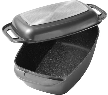 STONELINE Aluguss Bräter mit Deckel 43x26 cm, 8,4 L Bräter Induktion Backofengeeignet Für alle Herdarten, Deckel als Auflaufform verwendbar, Topf Antihaft Beschichtet mit echten Steinpartikeln, Grau
