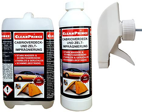 CleanPrince Cabrio- und Zelt-Imprägnierspray 2,5 Liter | Cabriolet Imprägnierung Verdeck Auto Gewebe Zelte Imprägniermittel Markisen farblos geruchlos schmutzabweisend UV-stabil