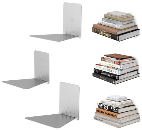 Umbra Conceal unsichtbares Wandregal, 3er-Set, Groß, Silber | Stahl, platzsparendes Design, für Bücher und Deko, einfache Wandmontage, pulverbeschichtet, 15 lbs Tragkraft