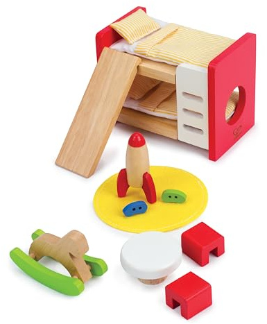 Hape Holz Kinderzimmer Möbel - Detailgetreues Kinderzimmer Puppenhaus, Möbelset Inklusive Stockbett, Tisch, Stühle und Rakete, Rollenspiel, Spielzeugmöbel aus Holz, für Kinder ab 3 Jahren