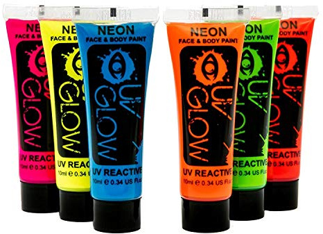 UV-Bodypaint Körpermalfarben Schwarzlicht fluoreszierende Schminke Bodypainting Neon Farben Leuchtfarben (10ml x6)