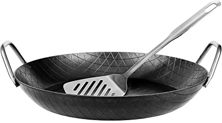 GRÄWE F400 Schmiedeeiserne Servierpfanne hoch Ø 32 cm mit Wender | 400° C hitzebeständig, Pfanne aus Eisen, kratzfeste Bratpfanne, unbeschichtet, Outdoor-Cooking, induktionsgeeignet