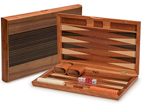 YMI Pasadena Backgammon aus Holz mit Intarsien, 38,5 cm | Holzset mit Intarsien und Magnetkoffer, 38,5 x 24 x 4,5 cm, Spielsteinen, Würfeln und Dopplerwürfel. 0,96 kg.