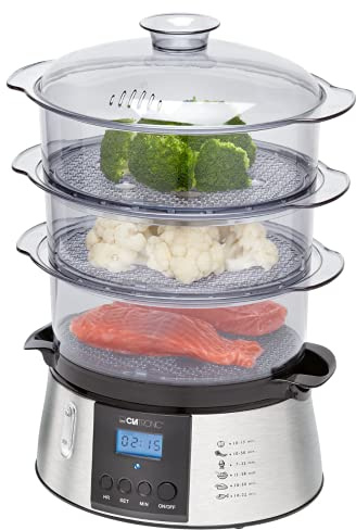 Clatronic DG 3547 elektrischer Dampfgarer, Steam Cooker, Reiskocher, Dampfgarer mit 3 Dampfgarbehältern inkl. Reis-Schale, Digital-Timer, LCD-Display, Netz-Kontrollleuchte, schwarz/edelstahl-Optik