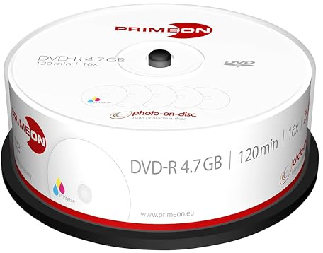 PRIMEON DVD-R 4.7GB/120Min/16x Cakebox, photo-on-disc, Inkjet Full Size Printable Surface (25 Disc)