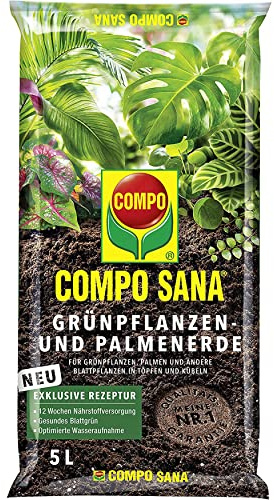 COMPO SANA Grünpflanzenerde und Palmenerde mit 12 Wochen Dünger für alle Zimmerpflanzen, Balkonpflanzen, Palmen und Farne, Kultursubstrat, 5 Liter, Braun