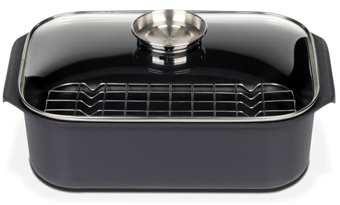 GSW Rechteckbräter Gourmet – hochwertiger Bräter mit Deckel und Grilleinsatz, ideal zum Schmoren, Dünsten und Braten, auch für den Backofen – Schwarz, Aluguss, 8 Liter