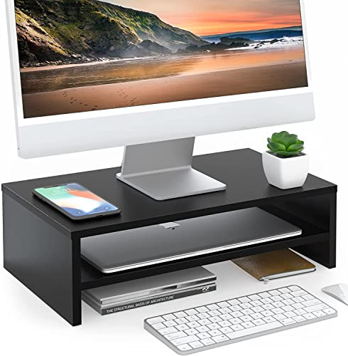 FITUEYES Monitorständer Bildschirmständer aus Holz Ergonomischem Laptop-Druckerständer für Monitor Laptop Drucker Fernseher 42,5x23,5x14cm Schwarz
