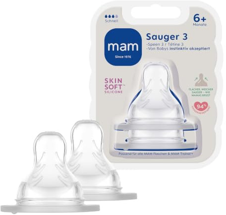 MAM Sauger Größe 3 im Doppelpack, Durchflussrate schnell | Flaschensauger, Kiefergerechte Form, SkinSoft Oberfläche, Passend für MAM Weithalsflaschen & Trainer, ab 6+ Monate