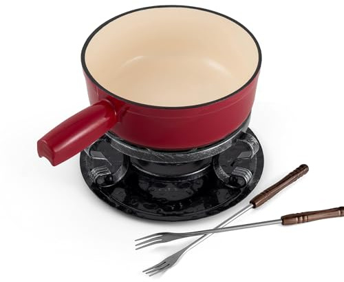 Swissmar KF-66517 Lugano Fondue Set 9-teiliges, Gusseisen/Edelstahl, Kirschrot, 2L, Fondue-Set für Fleisch, Käse und Schokolade, für 4 Personen, Geschenkset