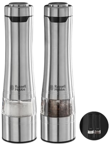 Russell Hobbs Salz und Pfeffer Mühle elektrisch [2er Set] Edelstahl (Keramikmahlwerk für getrocknete Gewürze & Kräuter, Mahlgrad einstellbar fein bis grob, LED Beleuchtung) Gewürzmühlen 23460-56