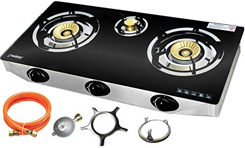 Phönix PS-3 Gaskocher 3 flammig Gaskochfeld 8,8 KW Glas Kochfeld LPG Gasherd Propan Campingkocher mit Zündsicherung inkl. Gasschlauch-Regler-Set