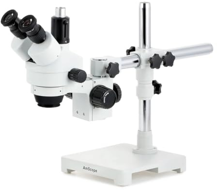 AmScope SM-3T Trinokulares Stereo-Zoom-Mikroskop auf Einarmigem Auslegerständer, 7X-45X, Weiß