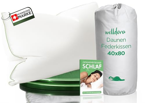 Welldora Premium Kopfkissen 40x80 | 100% natürliche Daunenfasern & Federn | Ergonomisch optimiert 3 Kammern Nackenstützkissen | Mittelfestes Kissen fachärztlich geprüft, Oeko-Tex zert. in Deutschland
