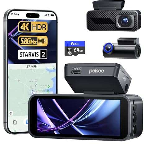 Pelsee 4K Dashcam Auto Vorne Hinten mit STARVIS 2 Sensor, 3.39'' IPS Display dashcam Auto mit 24H Parküberwachung, 5.8GHz WiFi, HDR WDR, ADAS, GPS, Vollfarben-Nachtsicht mit WiFi, 64GB SD Karte