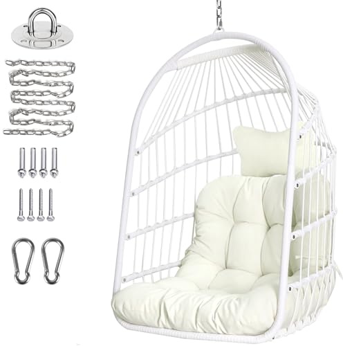 Chihee Egg Stuhl Klappbarer Hängesessel aus Korbgeflecht Schaukelstühle aus Korbgeflecht für drinnen draußen Hängesessel mit Aufhängeset aus Edelstahl Kettenglied UV-beständiges Kissen Schlafzimmer