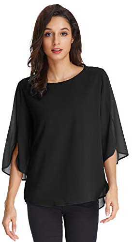 GRACE KARIN Damen Elegant Bluse 3/4 Ärmel Chiffon Oberteile Shirt Tops | Dreiviertelärmel,Geschlitzte Ärmel,Rundhalsausschnitt,Oberteil Gefüttert,Casual,Elegant