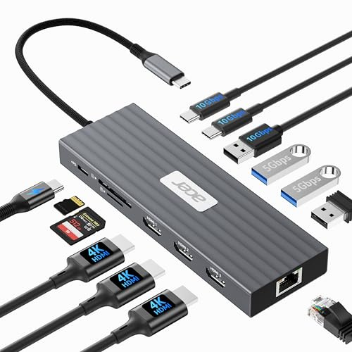 Acer USB C Docking Station 3 HDMI 4K@60Hz, 13IN1 Triple Display Hub 10Gbps | Typ-C auf 10Gbps USB-A+2C, 5Gbps USB-A, 1Gbps Ethernet 100W PD SD/TF Kartenleser Adapter für Surface,MacBook Pro,Dell,Laptop.