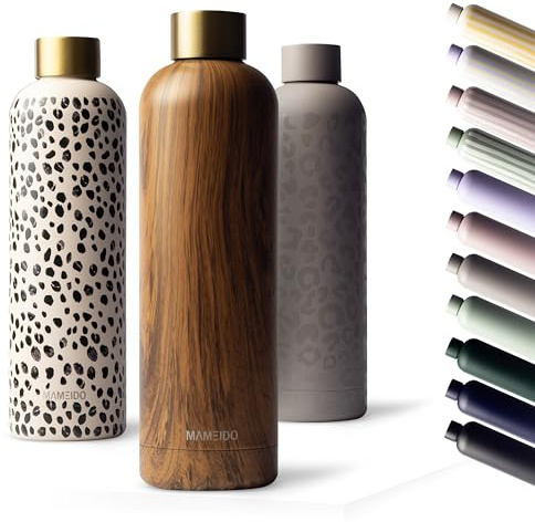 MAMEIDO Thermosflasche 500 ml, auslaufsichere Trinkflasche Edelstahl, Kohlensäure geeignet, BPA frei, Isolierflasche 12h heiß & 24h kalt (Oak Wood Gold)