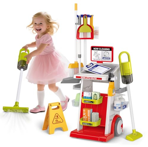 Kinder Reinigung Set, Kinderstaubsauger Mit Saug und Soundfunktion,Kehrschaufel Set Handfeger Besen und Kehrset Spielzeug,Spielzeug für die Hausreinigung für Jungen und Mädchen ab 3 Jahren (Rot)
