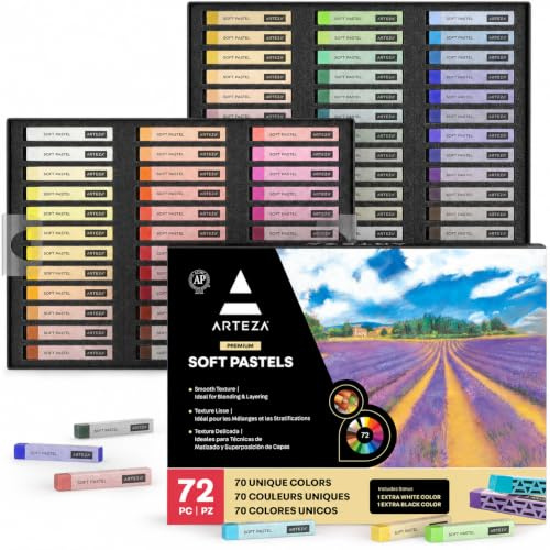 Arteza Weiche Pastellkreide, Set mit 72 Kunst-Pastellstäbchen für Kunst- und Handwerksprojekte, Zeichnen, Mischen, Schattieren, Kunstbedarf für alle Altersgruppen und künstlerische Erfahrungsstufen.