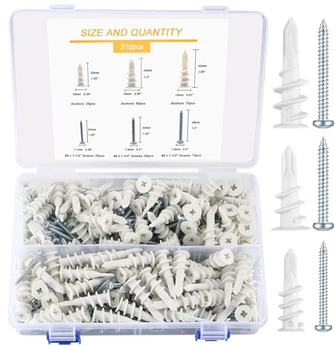 310 Stk Schrauben Dübel Set, einschließlich 155 Gipskartondübel, 155 Kreuzschlitz Schrauben, Universaldübel Spreizdübel Dübelset und selbstschneidende Holzschrauben Kit Befestigung Gipskarton (310Stk)