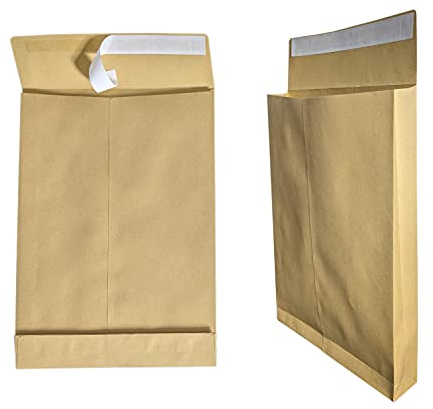 50 Stück Faltenbeutel B4 A4 braun 250 x 353 mm, 4 cm, mit Abziehstreifen, 130 g/m², Versandtaschen plissiert, Musterbeutel