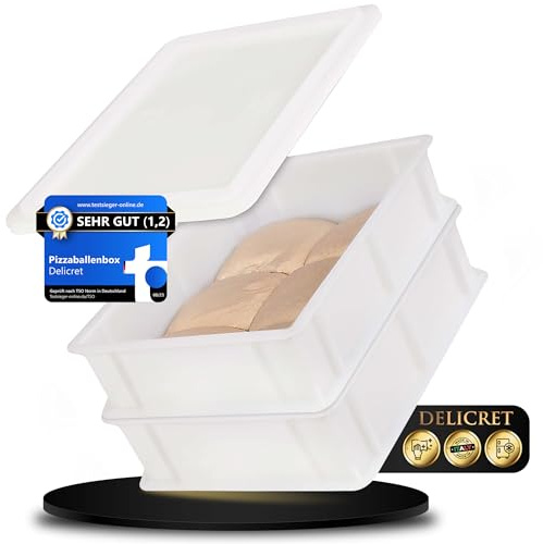 DELICRET 2x Pizzaballenbox mit 1x Deckel für Pizza-, Brot- & Sauerteig | 40×30×10 cm – die ideale Pizzateig Box für den Kühlschrank mit Platz für bis zu 6 Teiglinge à 300 g für perfekte Teigreifung.