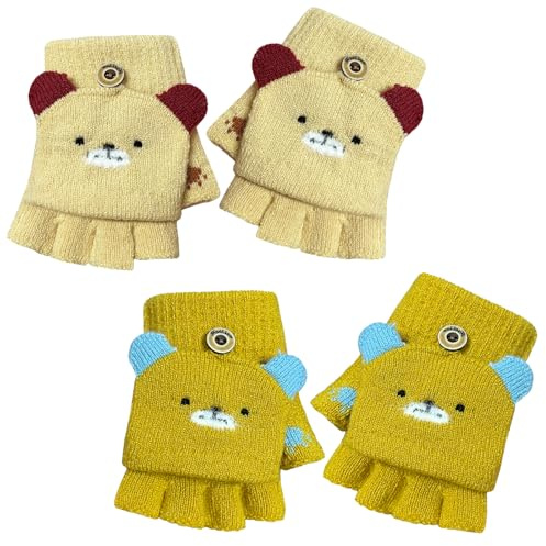 2 Paar Handschuhe Kinder 3-6 Jahre, Fingerlose Handschuhe Winter Fäustlinge Kinder, Cartoon Strickhandschuhe Winterhandschuhe Fingerhandschuhe für Mädchen Jungen Spielen Schule Gehen Im Freien