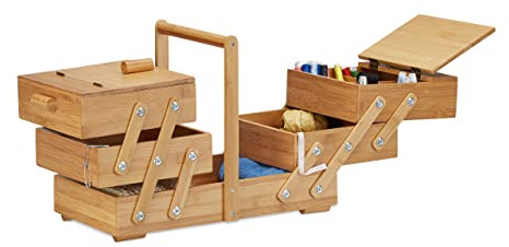 Relaxdays Nähkästchen Bambus XXL, viele Fächer, Nähkasten aufklappbar, Nähkorb ohne Inhalt, HBT 30 x 44 x 22 cm, natur