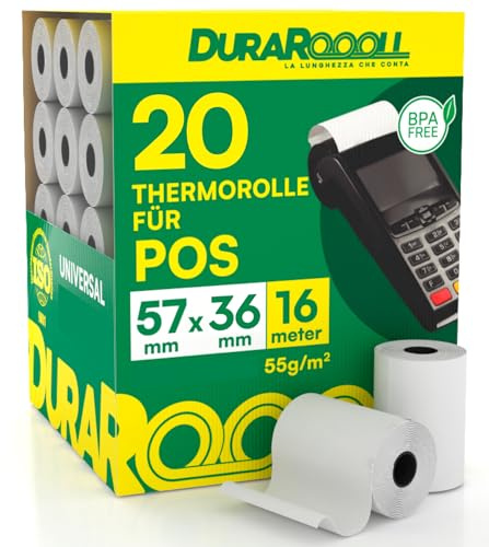 20 Thermopapier 57mm Rollen Kassenbon Pos Terminal - Thermorollen DuraRoooll 57mmx36mmx16m für Kassenzettel Kompatibel mit Nexi SumUp Pax Axerve Ingenico Smart POS - Kartenterminal BPA-free Papier