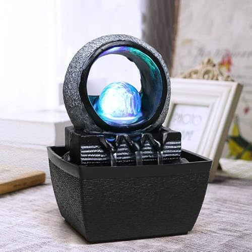 Dyna-Living Zimmerbrunnen, Tischbrunnen Indoor mit Rollender Kugel | Feng Shui Wasserbrunnen für Zuhause & Büro, LED Beleuchtung, Beruhigendes Wasserfallgeräusch, Polyresin,13 x12cm x 18,5 cm