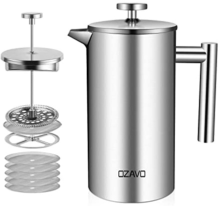 OZAVO Kaffeebereiter 1L French Press Edelstahl Thermo mit 5 Edelstahlfilter Doppelwandig Isoliert System mit Zweilagiger Konstruktion 1000ML