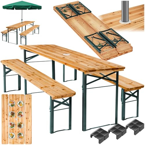 tectake® Bierzeltgarnitur mit Tisch und 2X Bierbank, mit Schirmhalterung und 12 Bodenschoner Bierzeltgarnitur, Balkon Möbel mit 1x Klapptisch und 2X Bierbänke, klappbar, 170 x 46 x 78 cm, lackiert