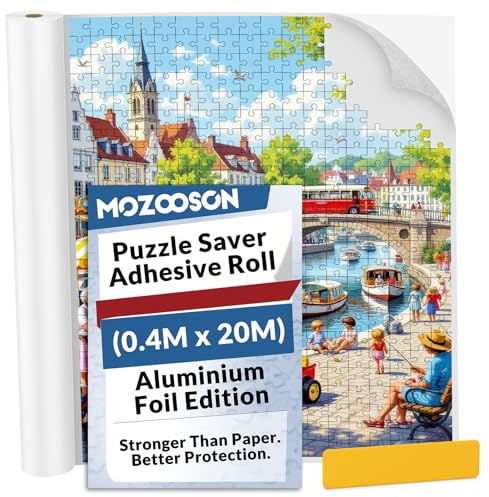 MOZOOSON Puzzle Klebefolie, Puzzlekleber für 1000 Teile | 20M-Rolle Selbstklebende Aluminiumfolie mit 1 Rakel, in Sekunden Zuschneiden, Aufkleben & Aufhängen, Puzzle Stabilisieren
