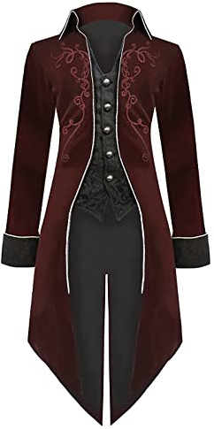 Herren Mittelalter Gothic Frack Halloween Jacke Mantel Kostüm mit Stickerei | Eleganter Samtfrack mit Stickerei und viktorianischem Schnitt, Retro, für Halloween, Cosplay und Partys, Vampir, Piraten