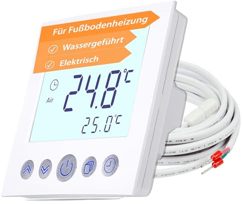 Digitales Unterputz Thermostat weiß mit 8cm Displaydiagonale - Wochenprogrammierung - Kindersicherung - für elektrische oder wassergeführte Fußbodenheizung