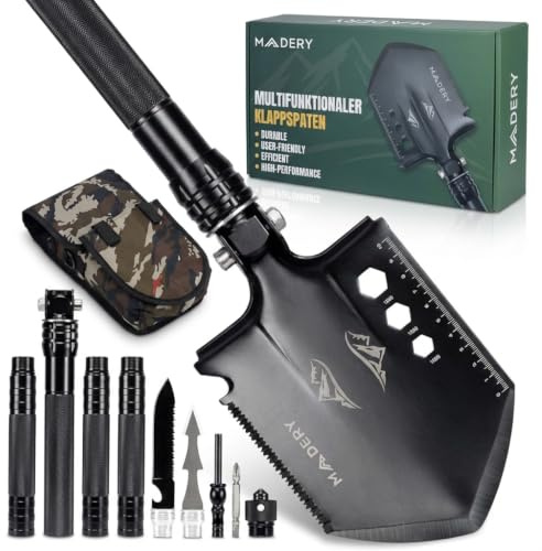 MADERY Klappspaten 11-in-1 Edelstahl Survival Schaufel | mit Tasche, für Camping, Auto & Garten, Geschenkidee für Männer